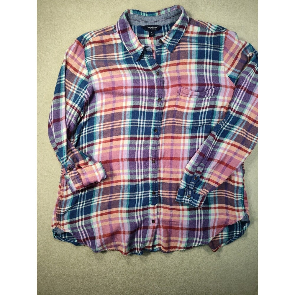 Soft Lucky Brand Women Large Plaid Button Shirt Lightweight Rayon Roll Sleeve L